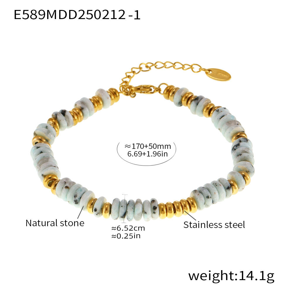 Braccialetti con perline da donna in acciaio inossidabile, impermeabili, color oro, con perline in pietra naturale retrò, 1 pezzo