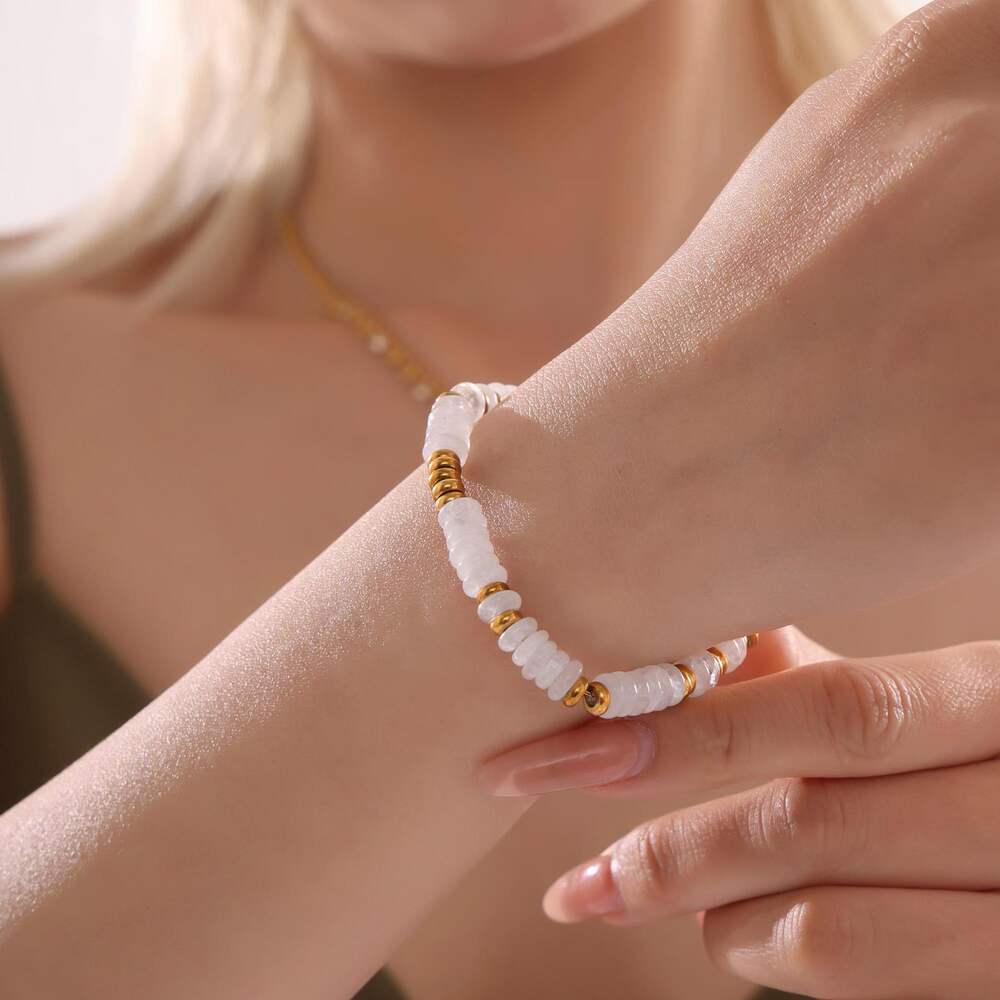 Braccialetti con perline da donna in acciaio inossidabile, impermeabili, color oro, con perline in pietra naturale retrò, 1 pezzo h5Immagine3