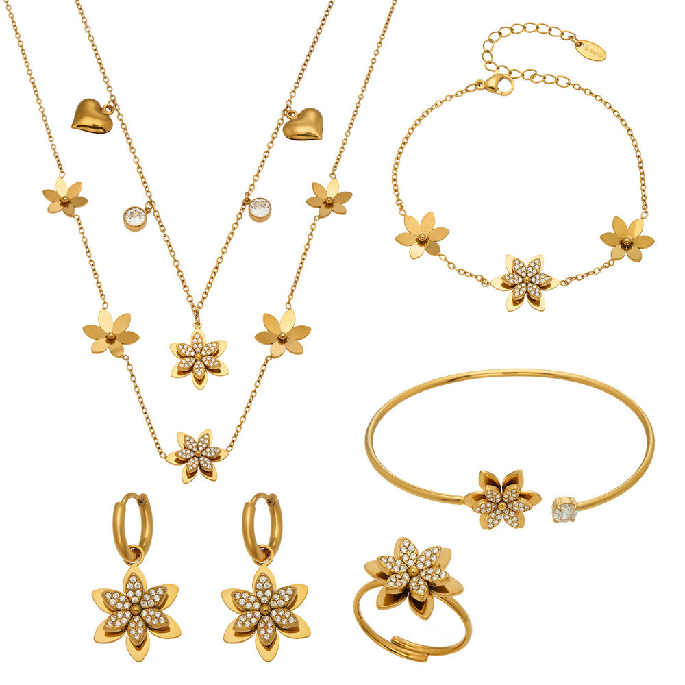 Set di gioielli da donna in acciaio inossidabile color oro con zirconi, impermeabili e anti-ossidazione h5Immagine5