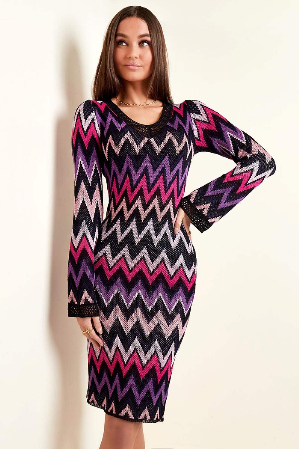 Viskose Damen Midi Kleid Zickzack Muster Bild2