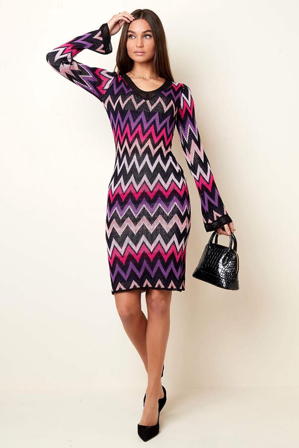 Viskose Damen Midi Kleid Zickzack Muster Bild3