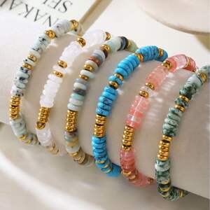 Braccialetti con perline da donna in acciaio inossidabile, impermeabili, color oro, con perline in pietra naturale retrò, 1 pezzo h5 Immagine2