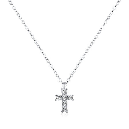 Luxuriöse Serie: Schlichtes Kreuz, S925, rhodiniert, Moissanit-Damenhalskette