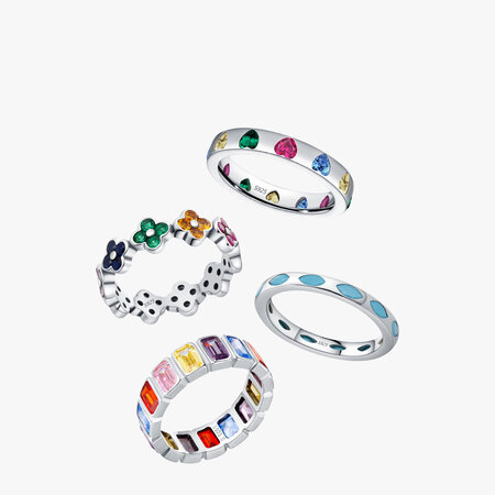 Romantische Serie: Herzförmiger Kleeblattring mit rechteckigem Ringmotiv, rhodiniert, aus 925er Sterlingsilber, Zirkonia, Damenring in Silberfarbe