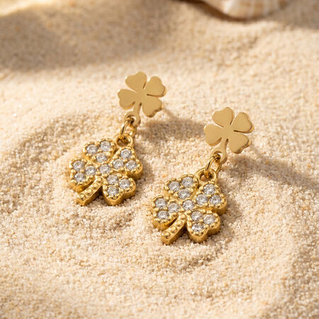 Clover Edelstahl-Ohrhänger für Damen, wasserdicht, goldfarben, mit Strasssteinen