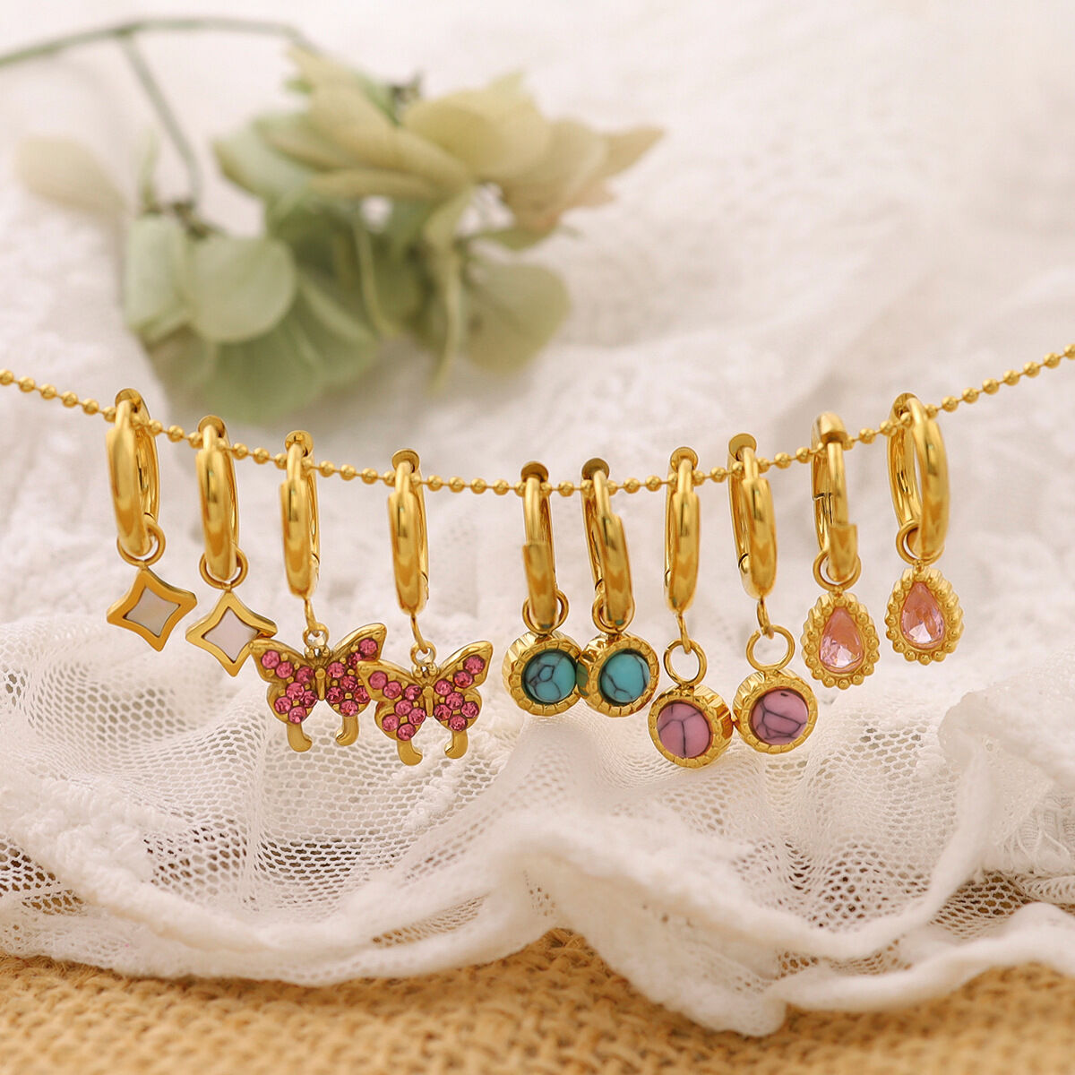 Retro Butterfly Stainless Steel Waterproof Gold Color Natural Stone Women's Drop Earrings Picture3
