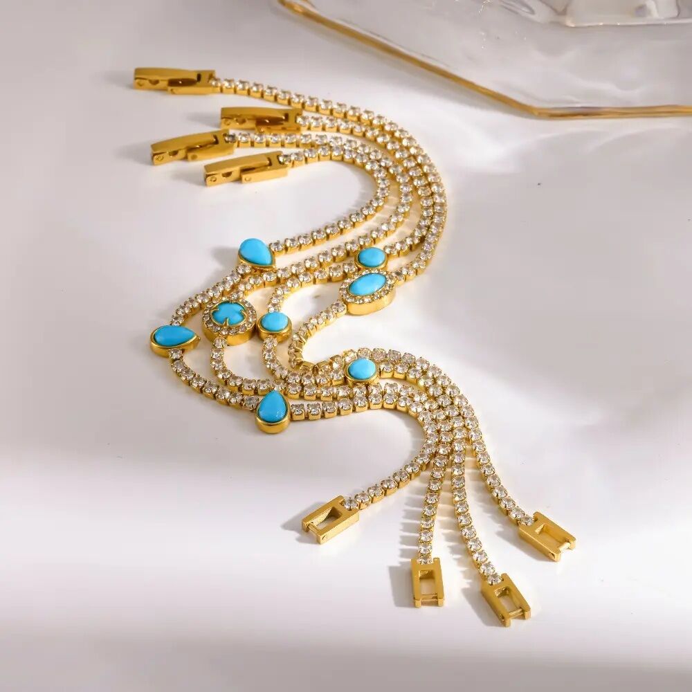 Bohemian Natural Stone Stainless Steel Waterproof Gold Color Zircon Bracelets