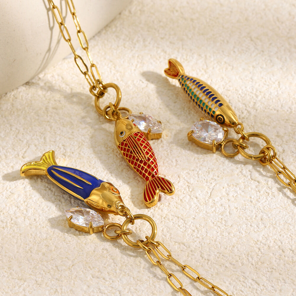 Vacation Enamel Fish Shape Stainless Steel Waterproof Gold Color  Women's Pendant Necklaces h5 Picture4