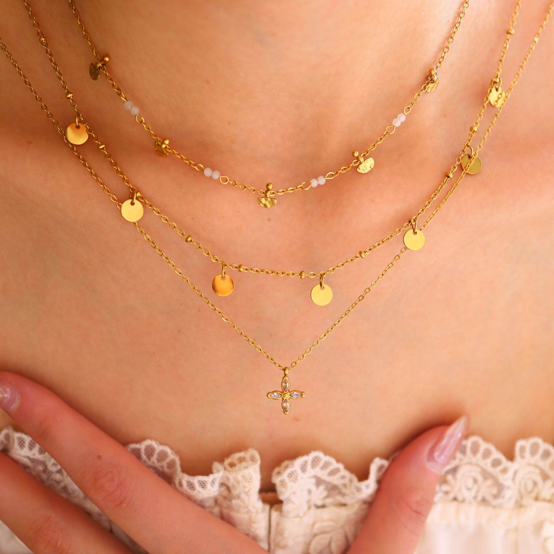 Sweet Flower Stainless Steel Waterproof Gold Color Women's Pendant Necklaces