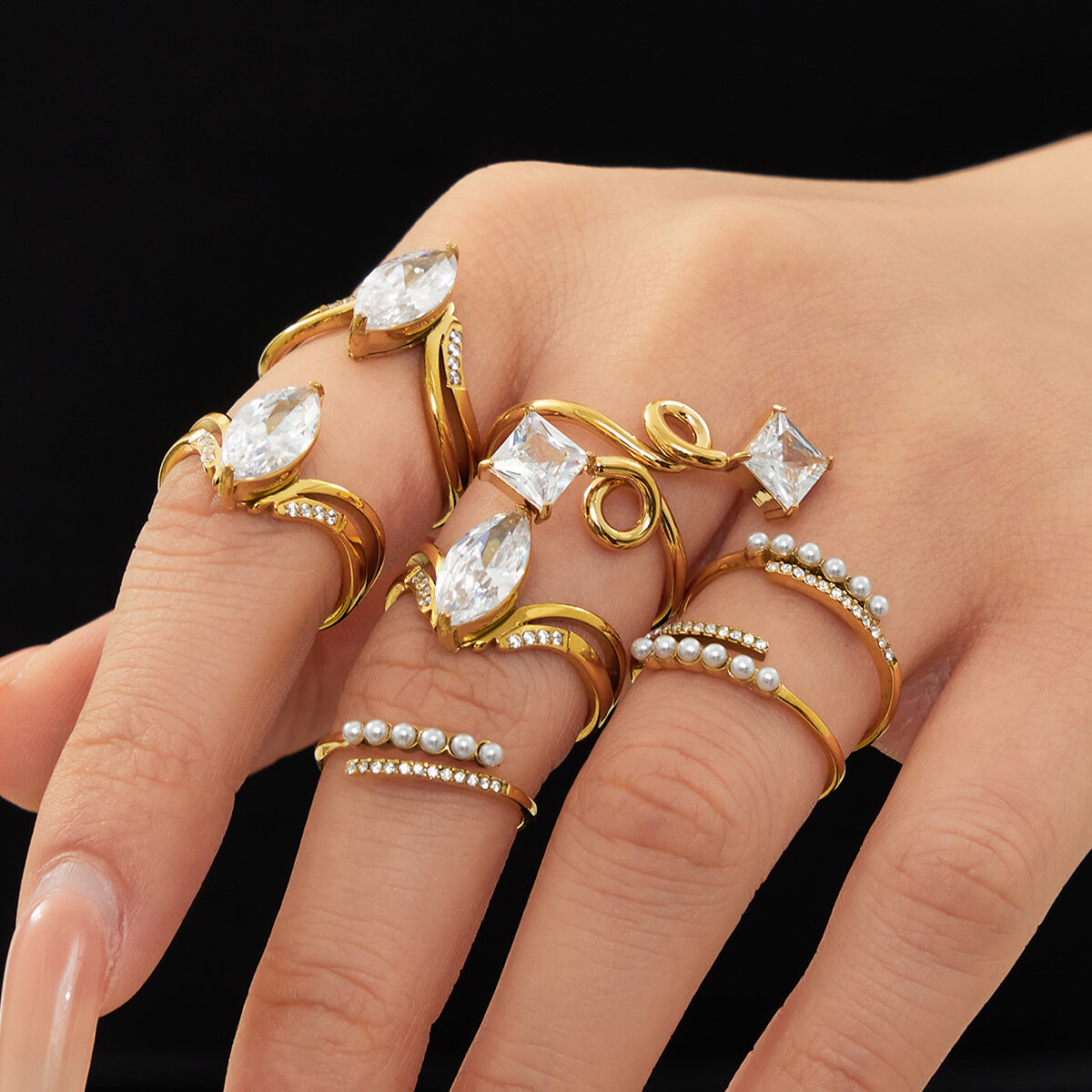 Luxurious Simple Droplet Irregular Shape Stainless Steel Waterproof Gold Color Zircon Women's Gemstone Rings