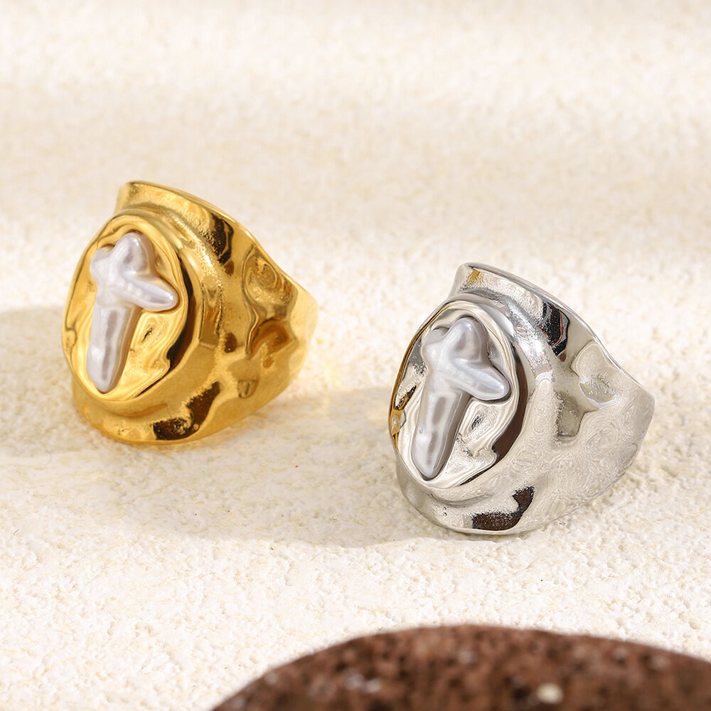 Classic Retro Cross Pearl Stainless Steel Waterproof Gold Color Signet Rings h5Picture5