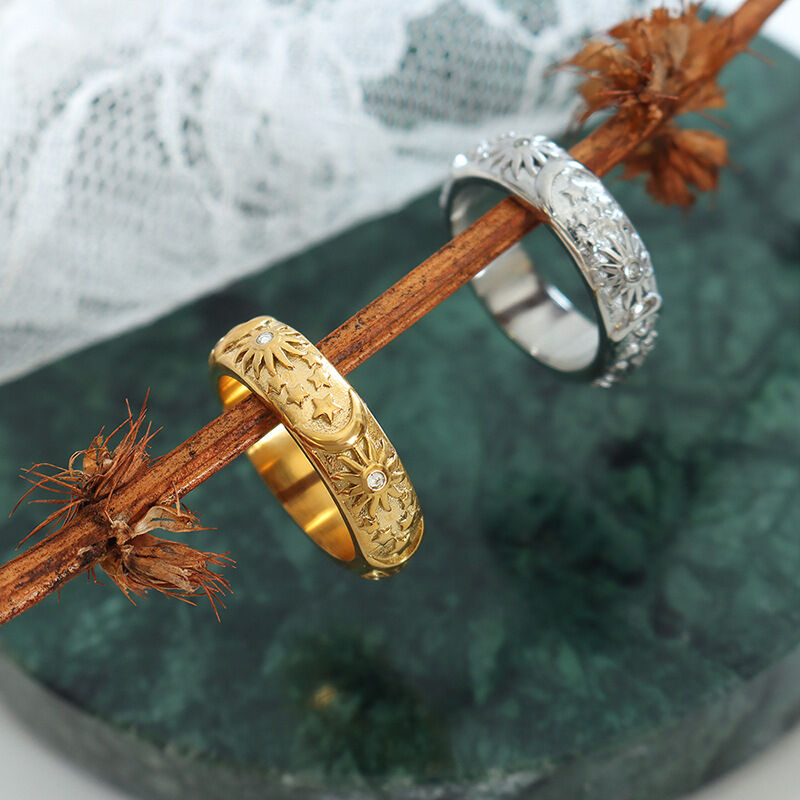 Retro-Sonne-Mond-Edelstahl-Statement-Ringe, wasserdicht, goldfarben, mit Zirkonia