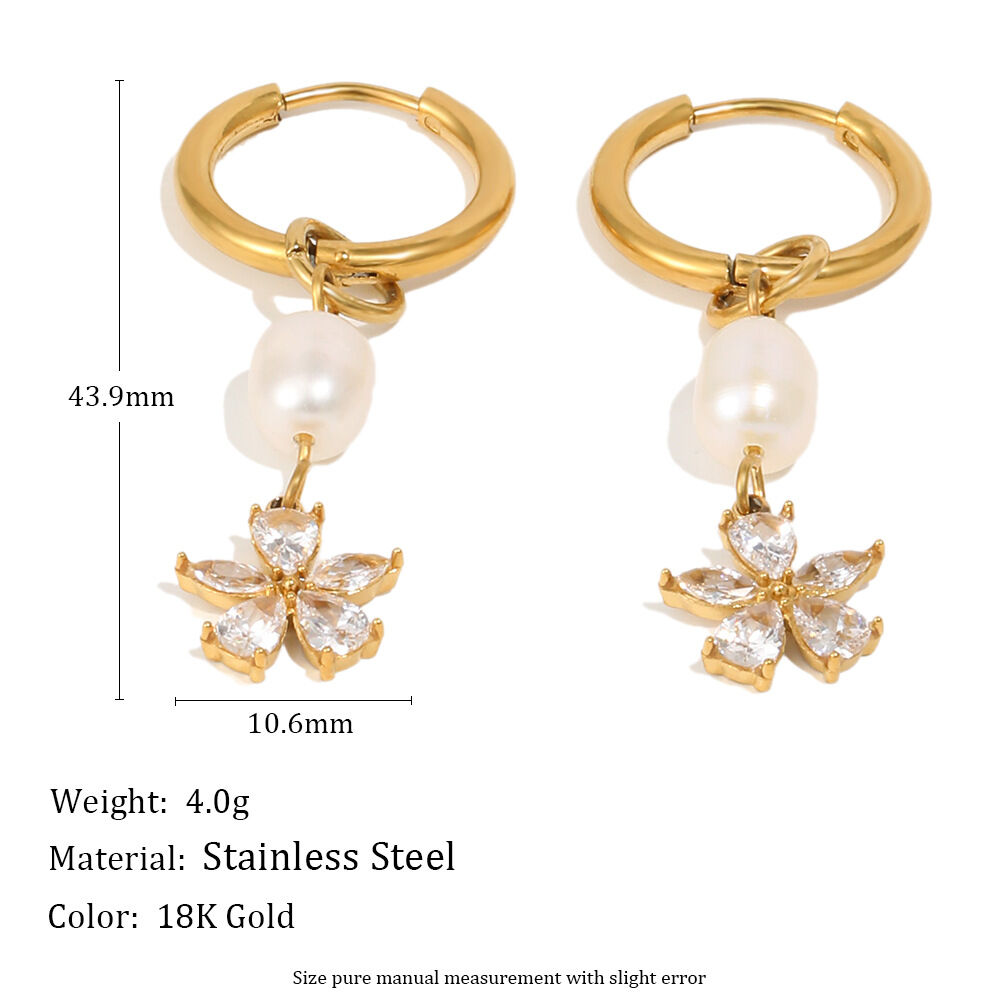 Süße Blumen-Ohrhänger aus Edelstahl, wasserdicht, goldfarben, mit Zirkonia-Motiv, für Damen h5 Bild2
