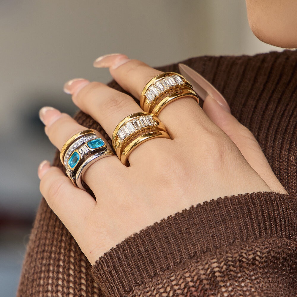 Punk Rectangle Stainless Steel Waterproof Gold Color Zircon Women's Gemstone Rings h5 Picture2