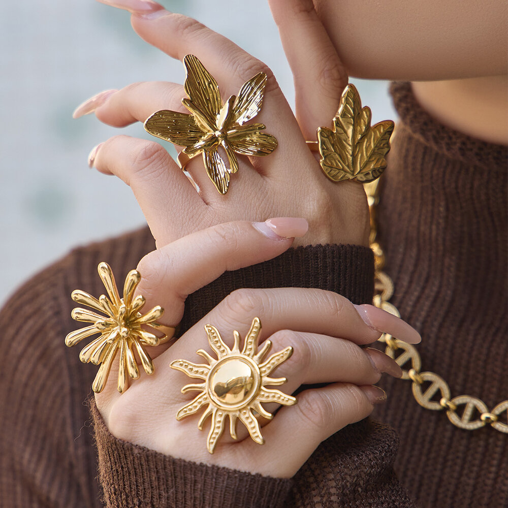 Punk Flower Sun Stainless Steel Waterproof Gold Color Statement Rings