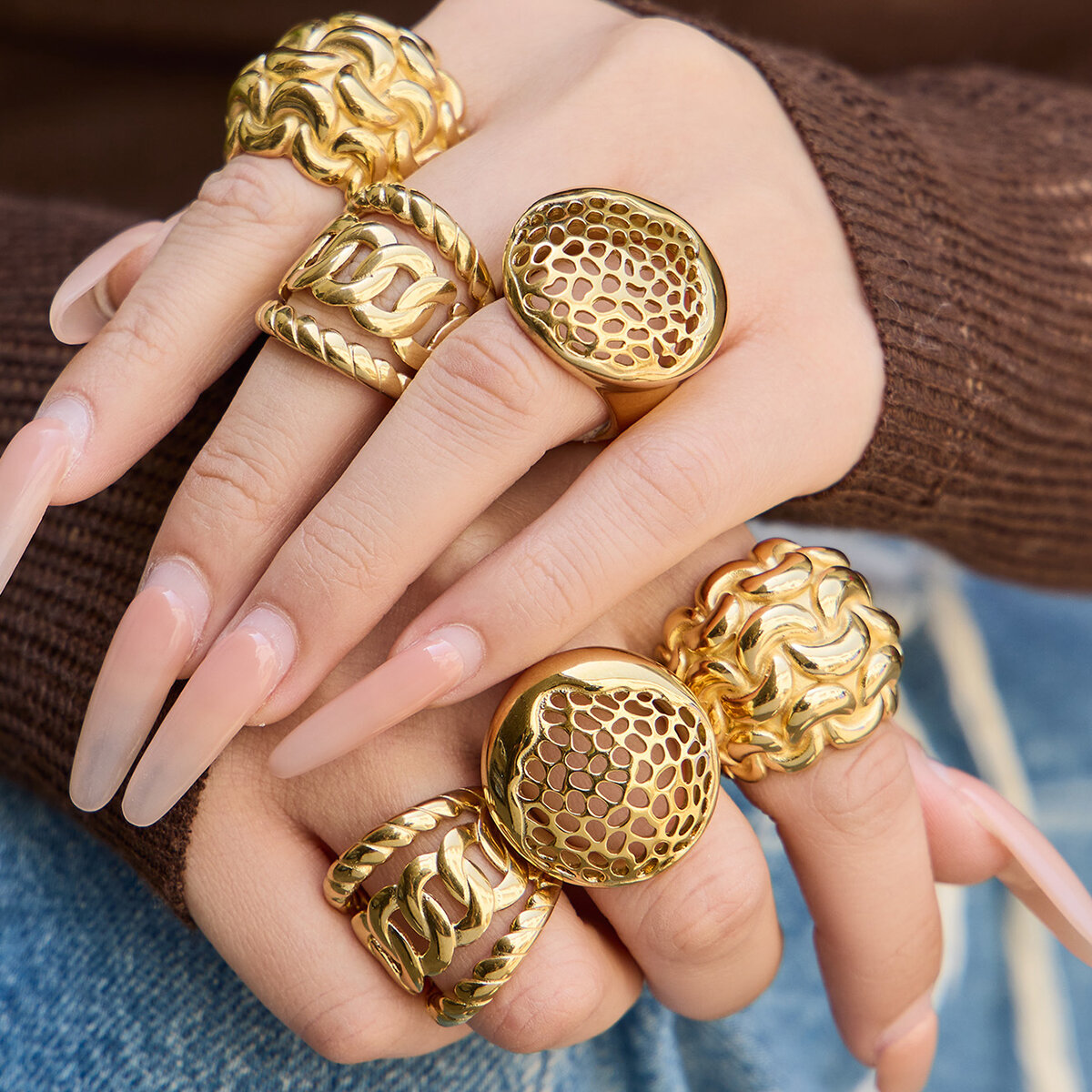 Retro Hollowed-Out Stainless Steel Waterproof Gold Color Statement Rings