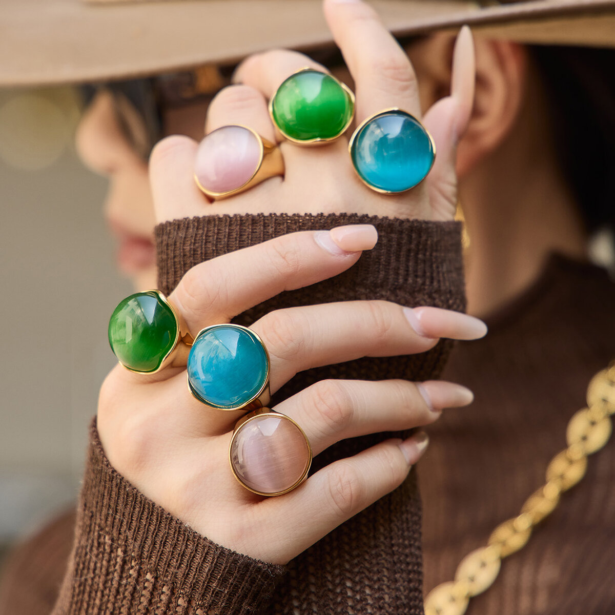 Stainless Steel Waterproof Gold Color Artificial Gemstone Women's Statement Rings
