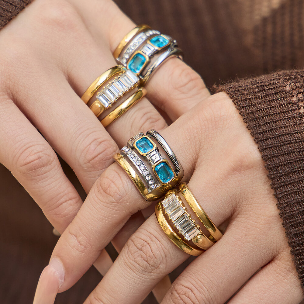 Punk Rectangle Stainless Steel Waterproof Gold Color Zircon Women's Gemstone Rings