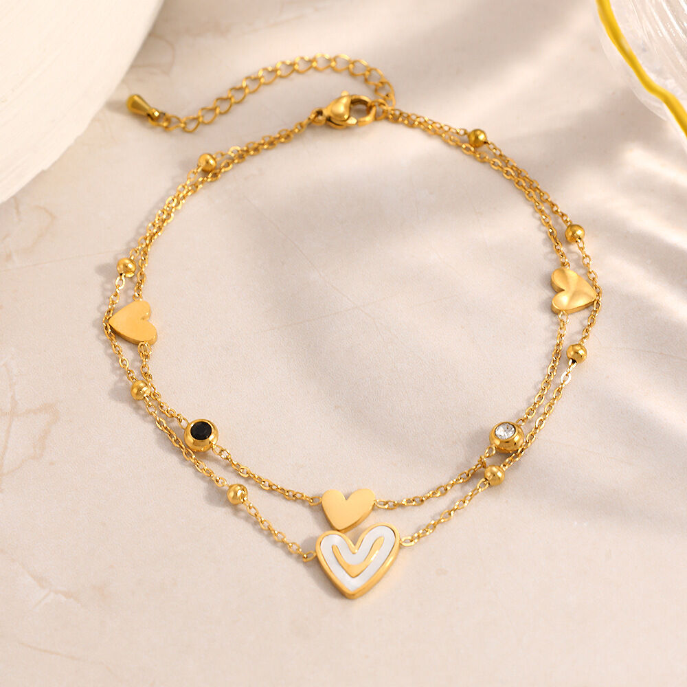 Simple Heart Stainless Steel Waterproof Gold Color Rhinestone Anklets