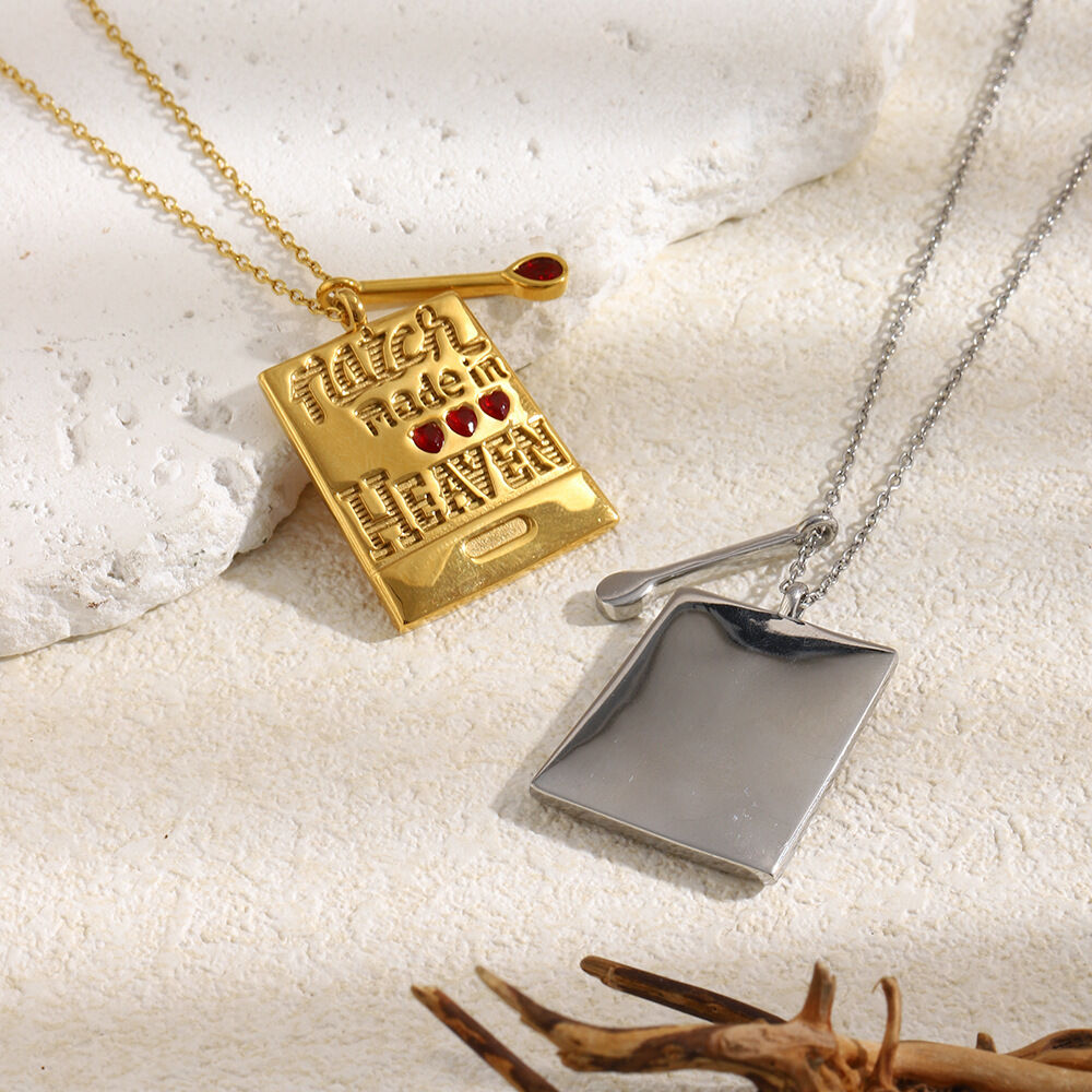 Retro Letter Rectangle Stainless Steel Waterproof Gold Color Rhinestone Women's Pendant Necklaces h5Picture5