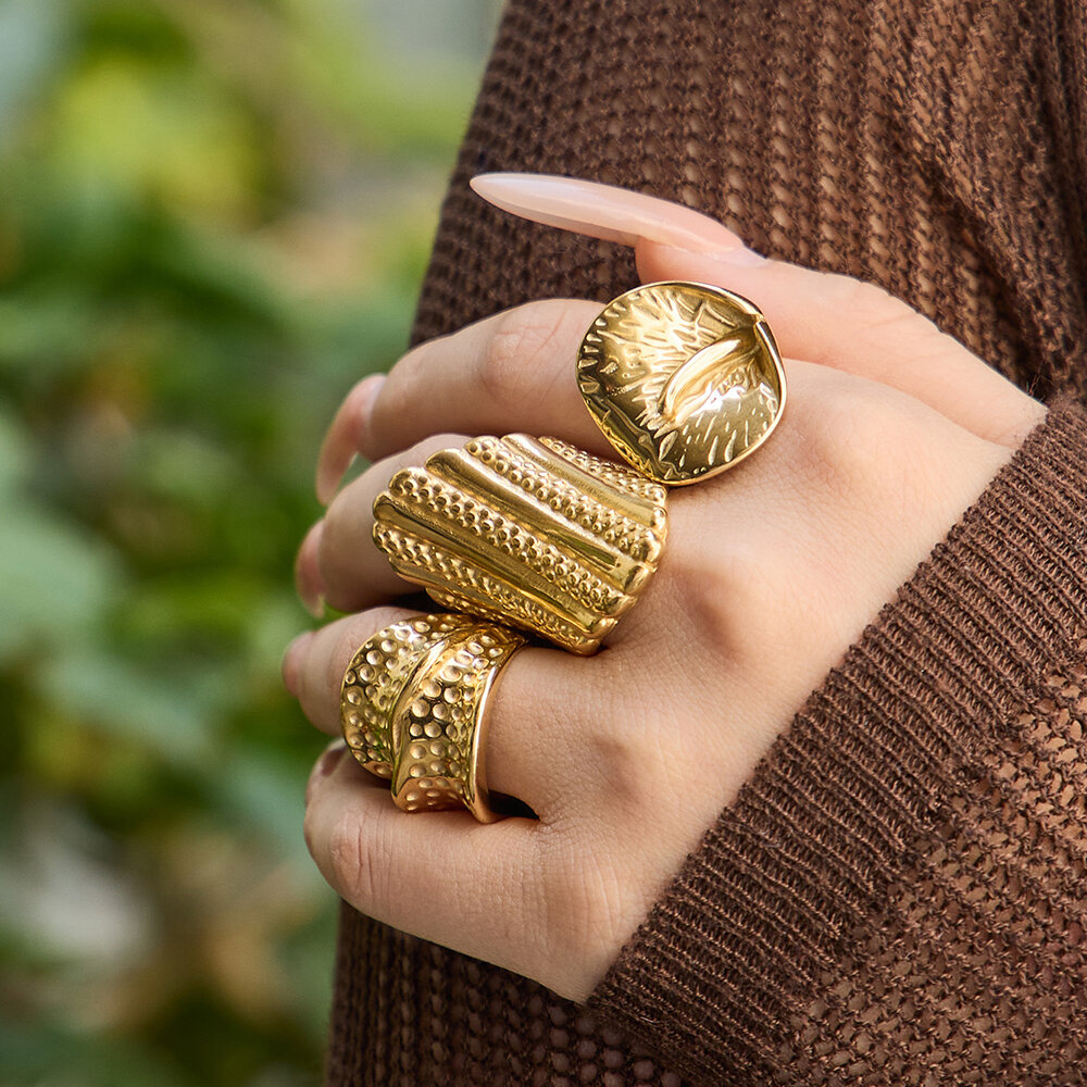 Retro Irregular Shape Stainless Steel Waterproof Gold Color  Statement Rings Picture2