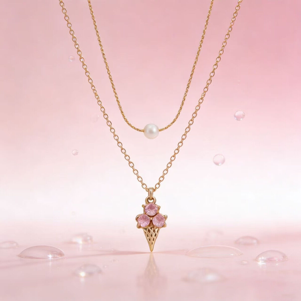 Einfache, mehrlagige Halskette für Damen aus Edelstahl in Eiscremeform, wasserdicht, goldfarben, mit Zirkonia