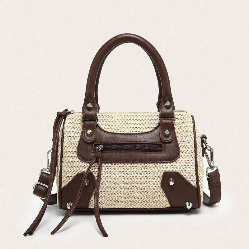 Bolsos de mano para mujer de rafia con diseño patchwork, estilo parisino chic.