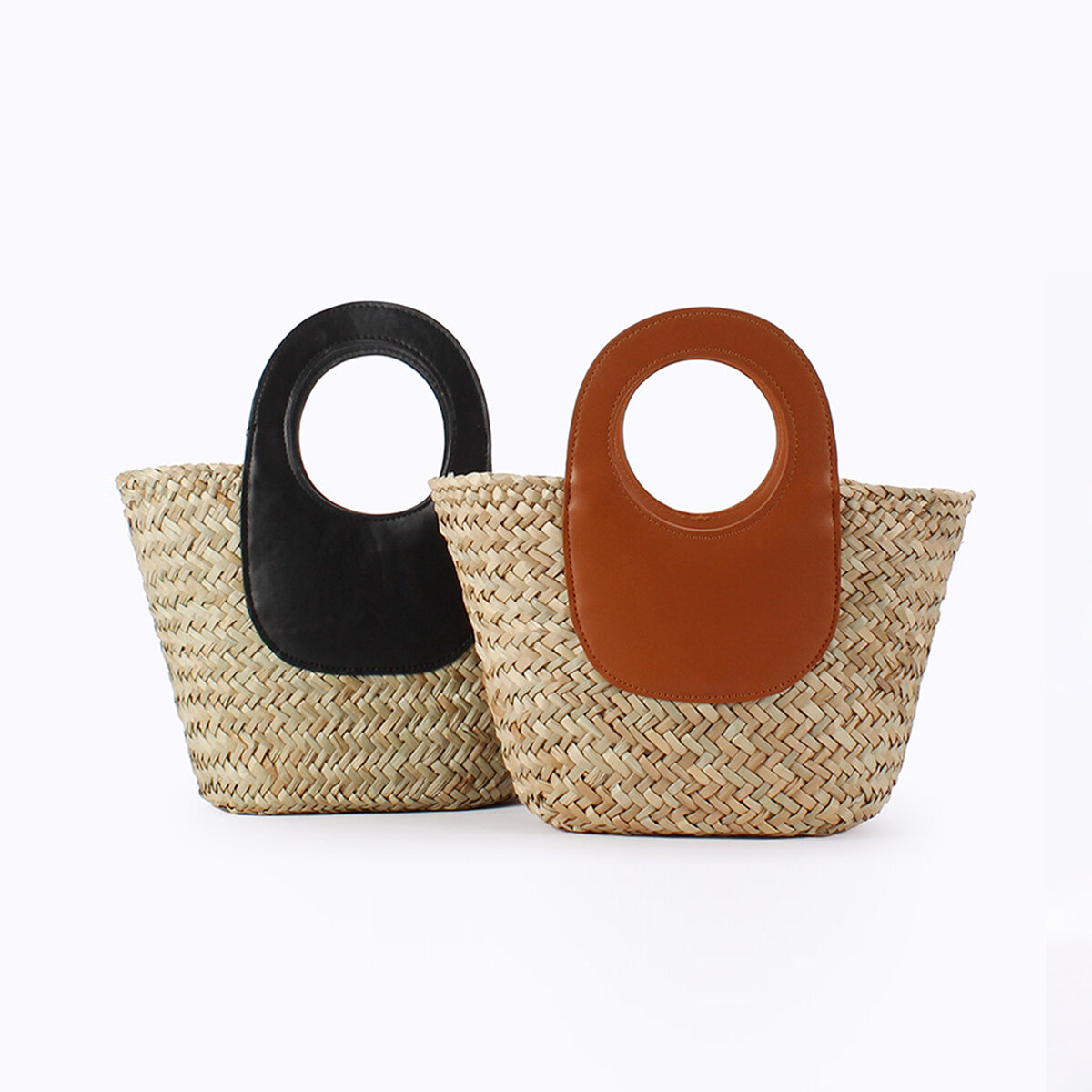 Borsa tote da donna in paglia intrecciata a colori misti, stile vacanza.