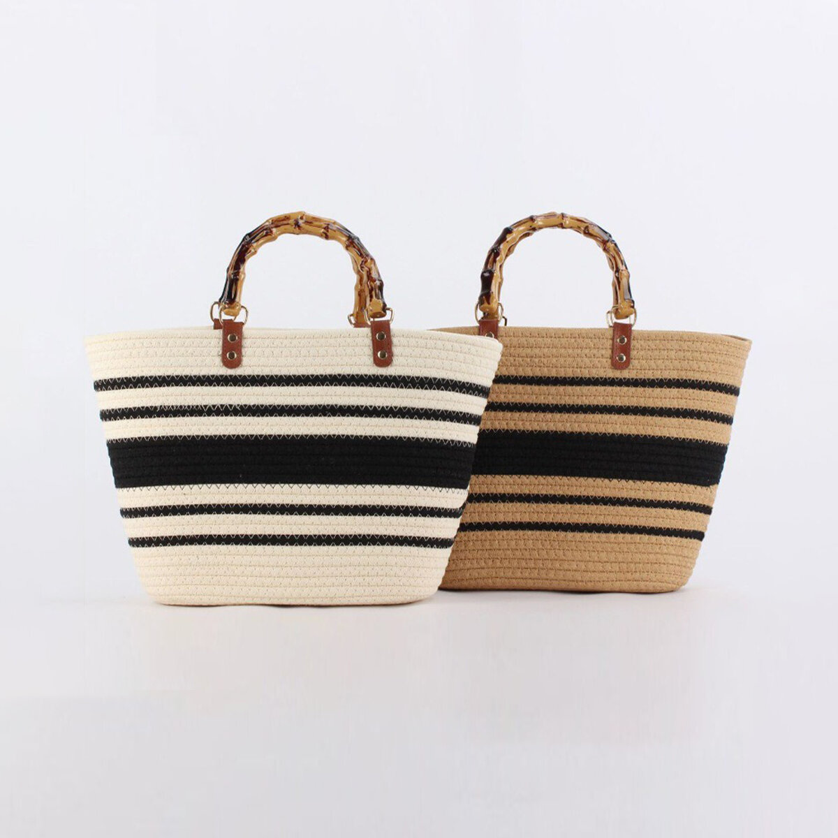 Borsa tote da donna in corda intrecciata a righe, stile vacanza.