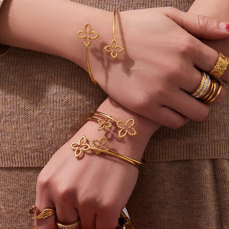 Simple Flower Stainless Steel Waterproof Gold Color Women's Cuff Bracelets