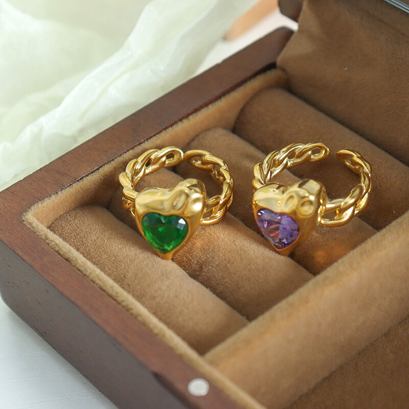 Retro Heart Stainless Steel Waterproof Gold Color Zircon Glass Women's Gemstone Rings
