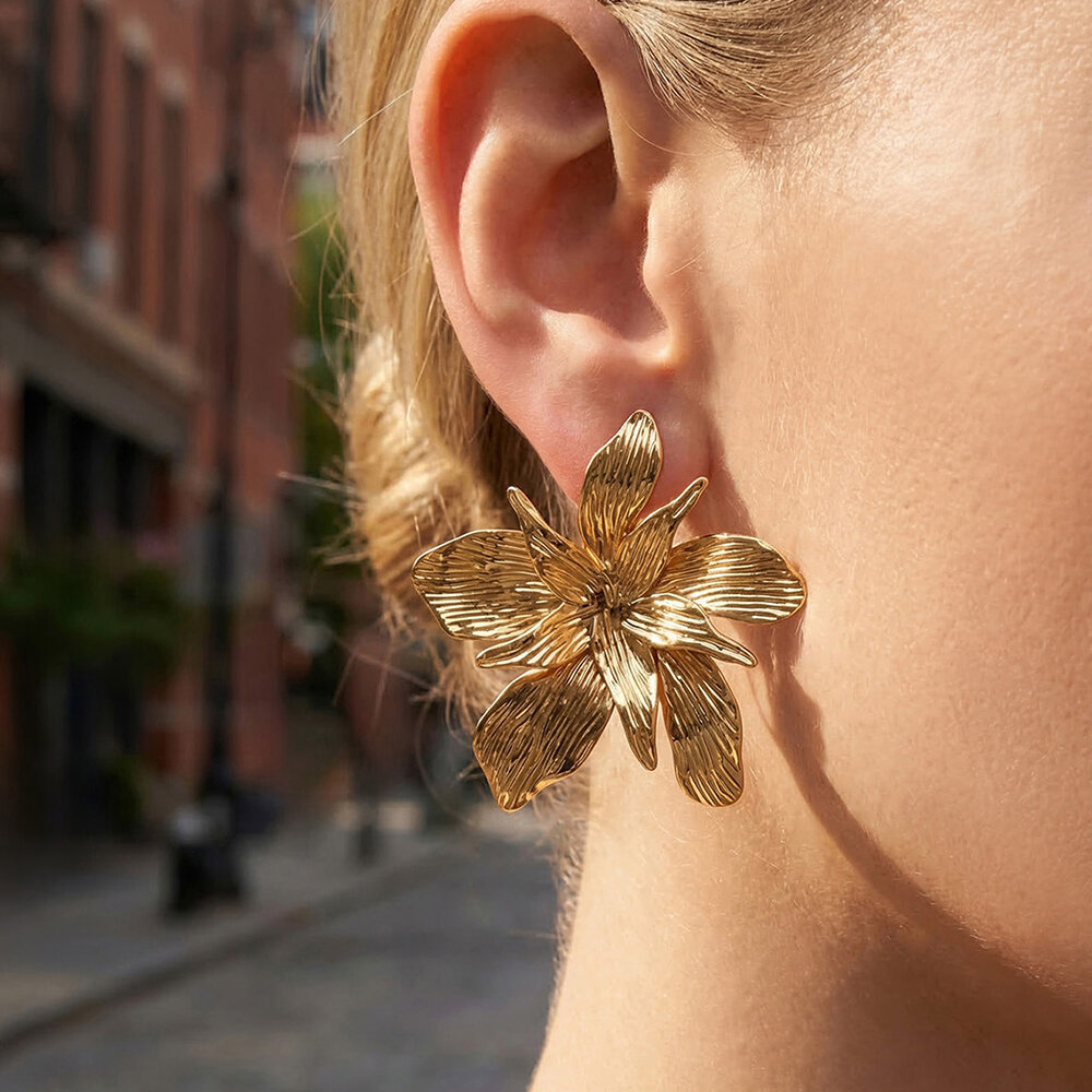 Retro Flower Stainless Steel Waterproof Gold Color Women's Stud Earrings