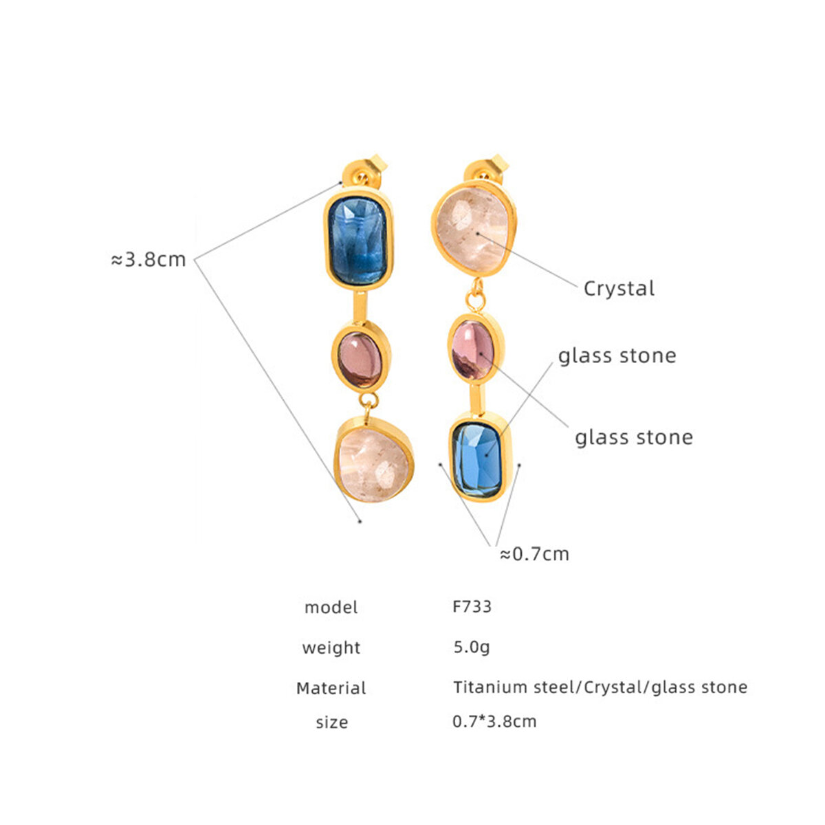 Elegant Stainless Steel Waterproof Gold Color Crystal Glass Women's Dangle Earrings h5 