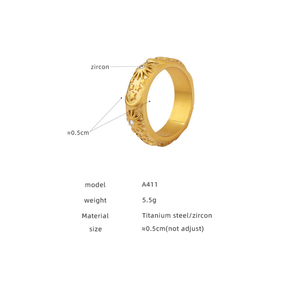 Retro Sun Moon Stainless Steel Waterproof Gold Color Zircon Statement Rings Picture4
