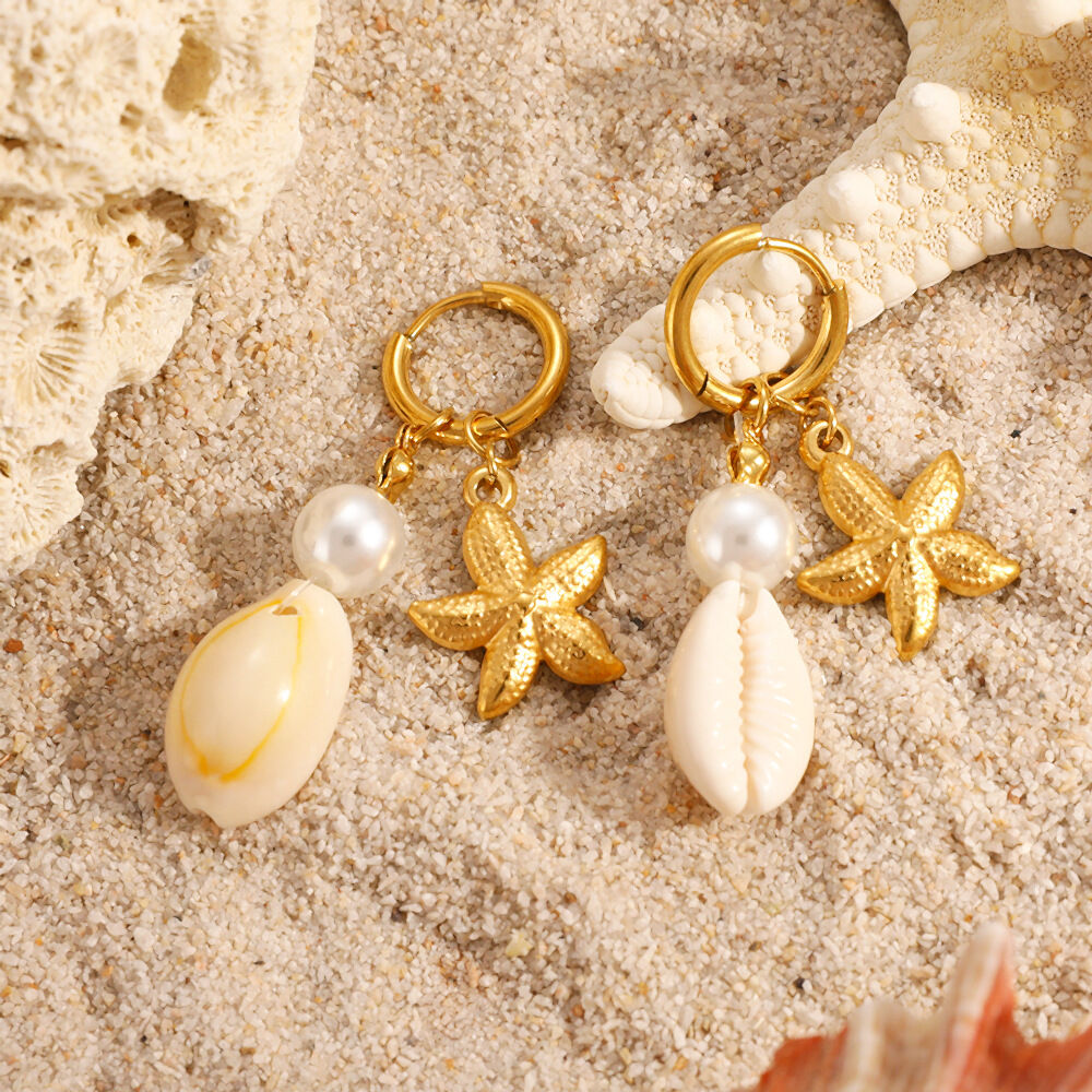 Simple Starfish Shape Stainless Steel Waterproof Gold Color Shell Women's Drop Earrings