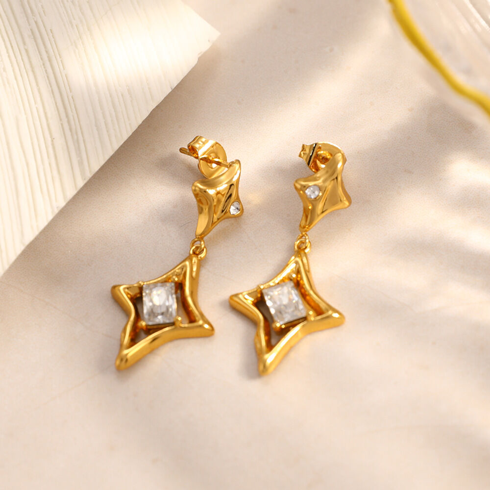 Simple Star Stainless Steel Waterproof Gold Color Zircon Women's Drop Earrings