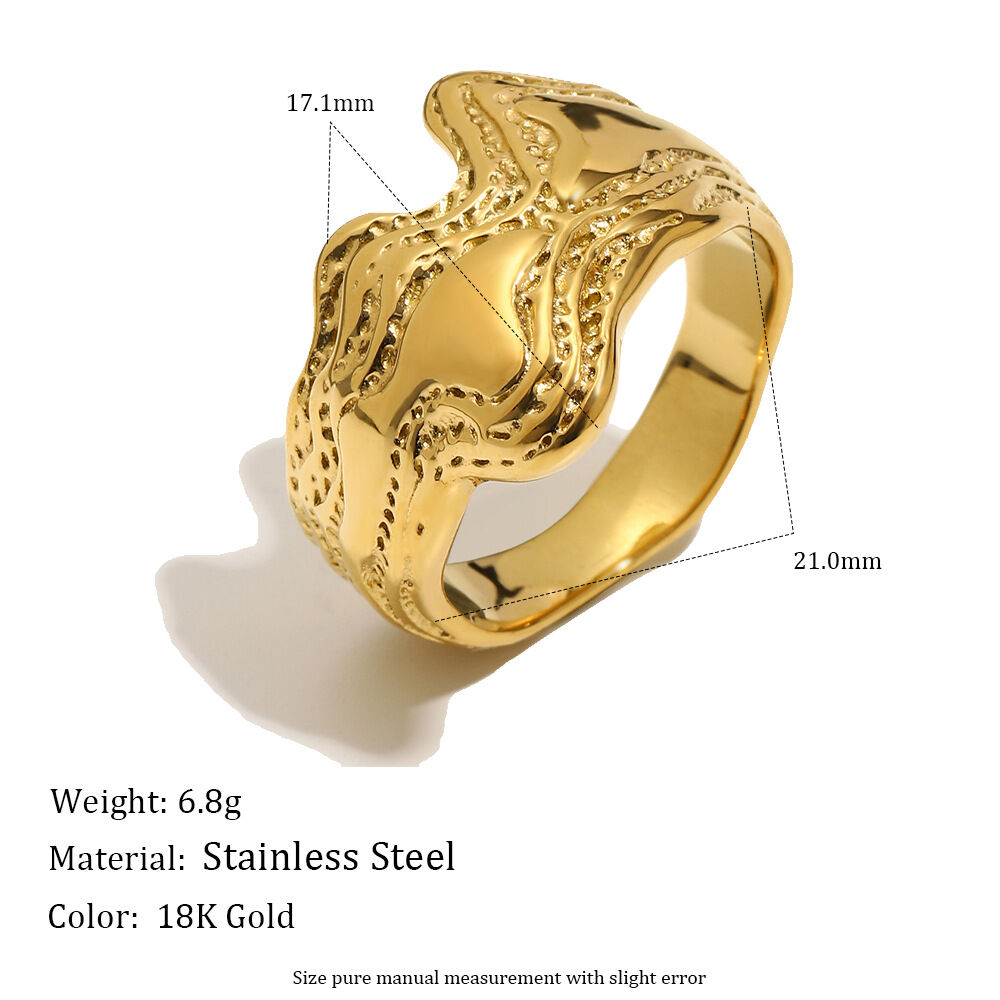Classic Retro Irregular Shape Hammer Pattern Stainless Steel Waterproof Gold Color  Statement Rings h5 Picture2
