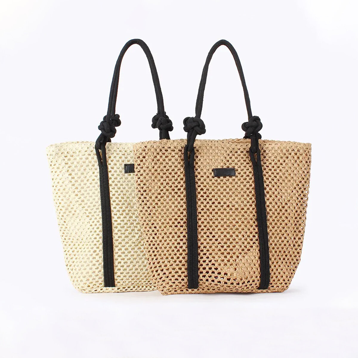 Borsa tote da donna in carta intrecciata a tinta unita, stile vacanza.