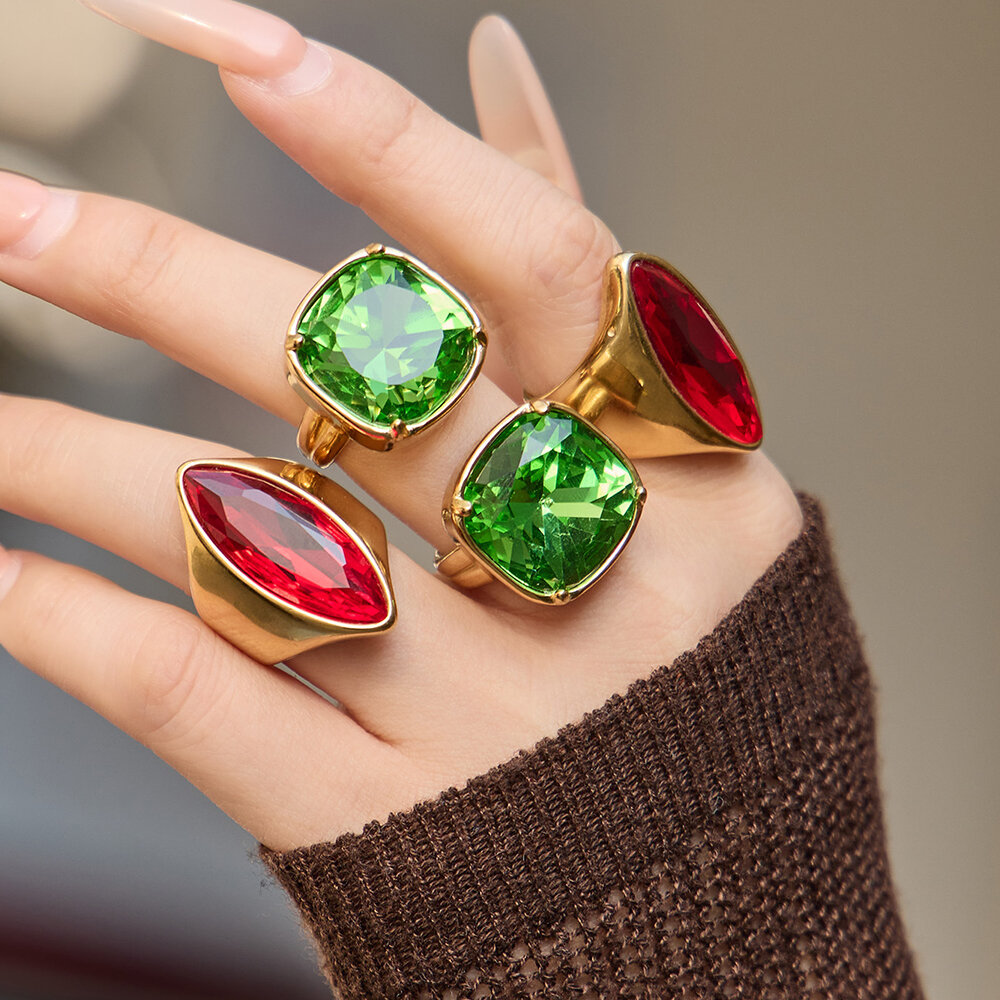 Luxurious Droplet Rectangle Stainless Steel Waterproof Gold Color Glass Women's Gemstone Rings Picture2