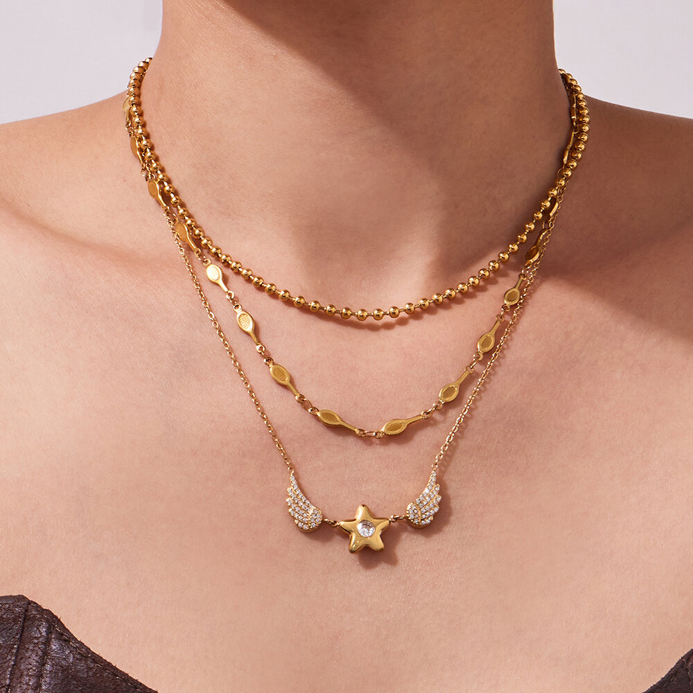 Cute Heart Angel Stainless Steel Waterproof Gold Color Rhinestone Women's Pendant Necklaces