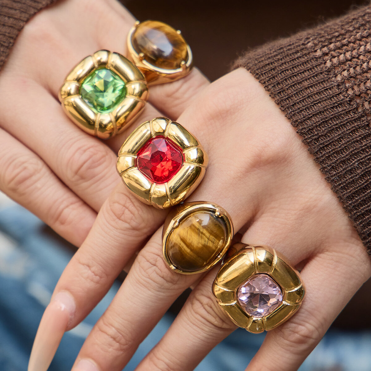 Luxurious Rectangle Stainless Steel Waterproof Gold Color Glass Women's Gemstone Rings
