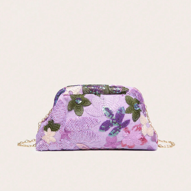 Pillow Bag Shape Embroidered Sequin Flower Fabric Women's Clutches h5Picture2