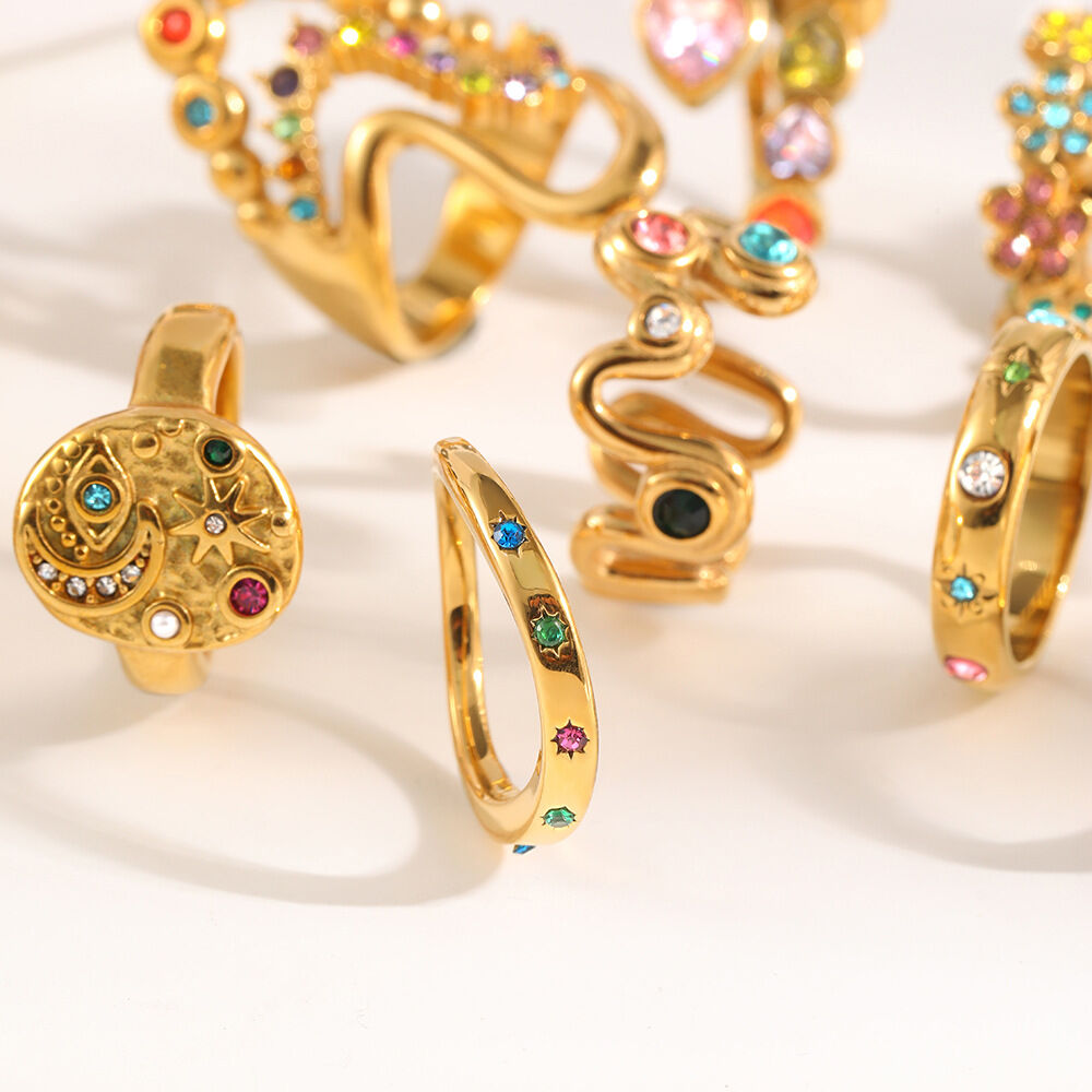 Luxurious Retro Irregular Shape Stainless Steel Waterproof Gold Color Rhinestone Statement Rings Picture4