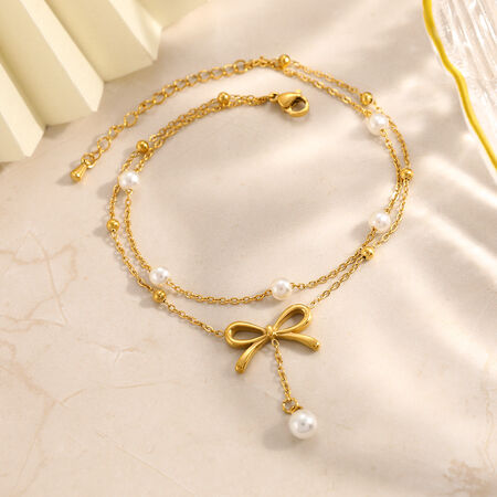Sweet Bow Knot Stainless Steel Waterproof Gold Color Pearl Anklets