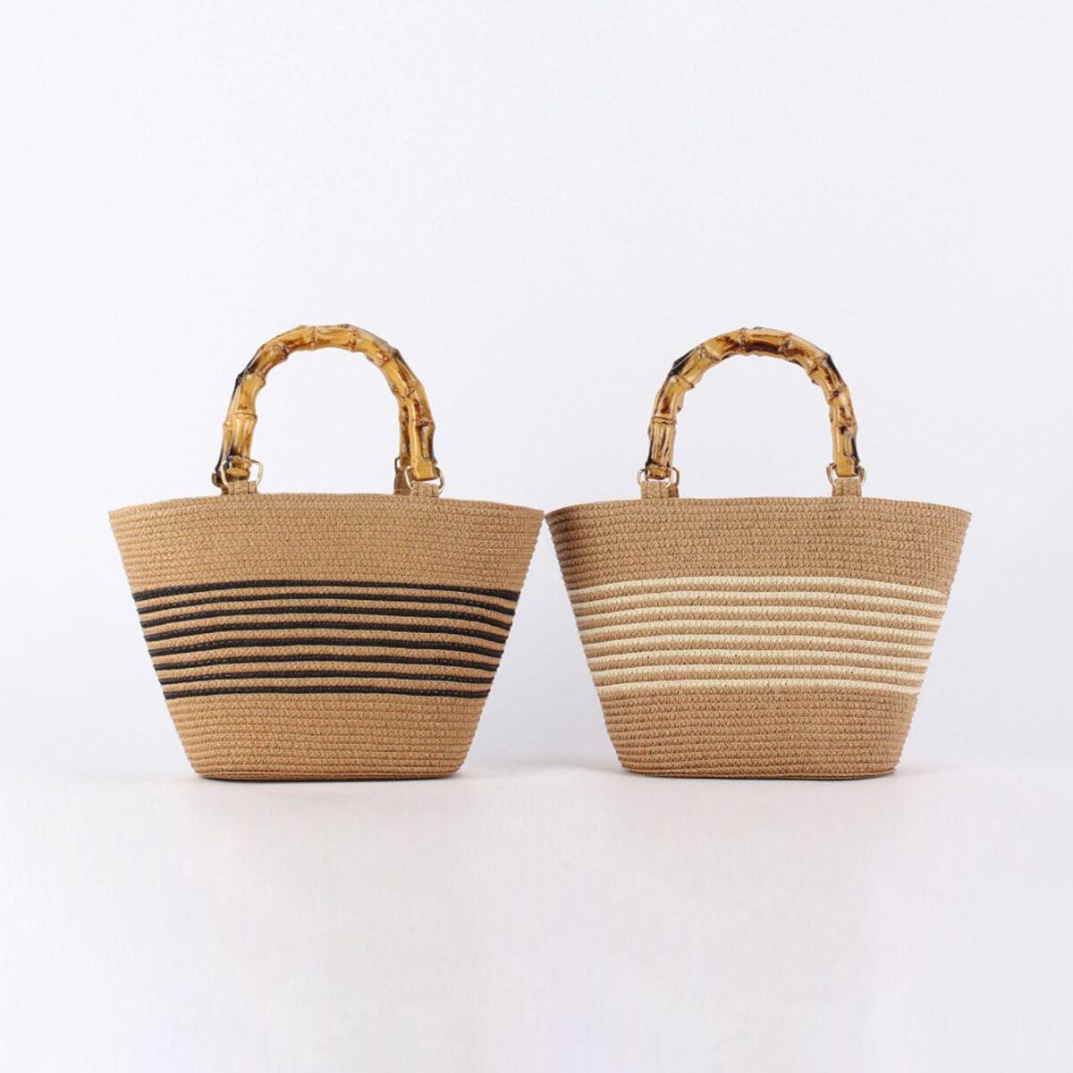 Borsa tote da donna in carta intrecciata a righe, stile vacanza.