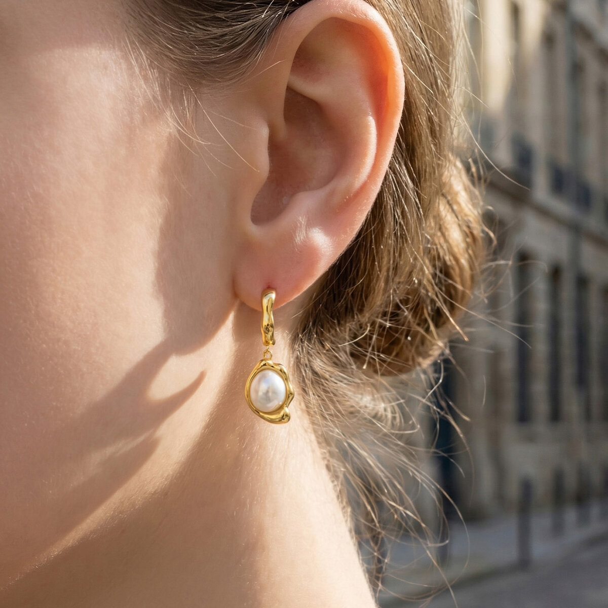 Elegant Stainless Steel Waterproof Gold Color Pearl Women's Drop Earrings