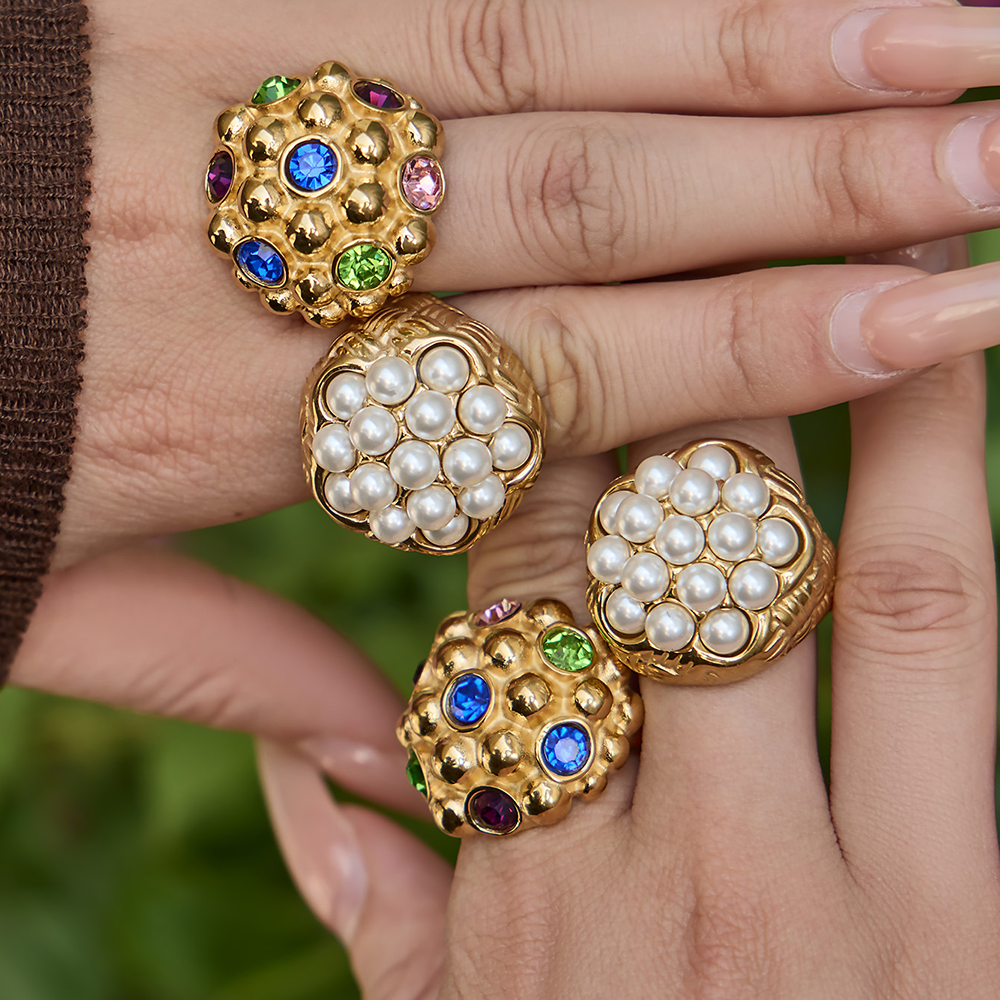 Luxurious Retro Flower Stainless Steel Waterproof Zircon Pearl Statement Rings