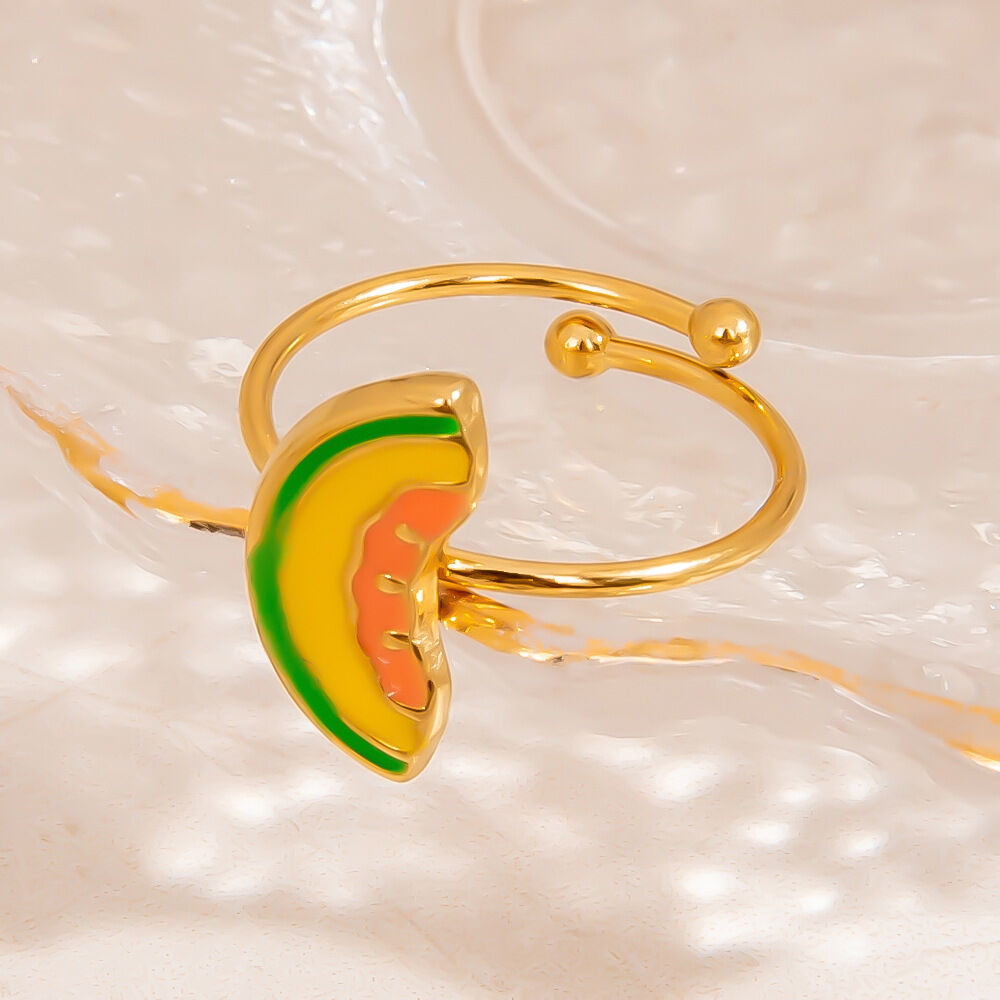 Cute Enamel Fruit Stainless Steel Waterproof Gold Color Statement Rings Picture3