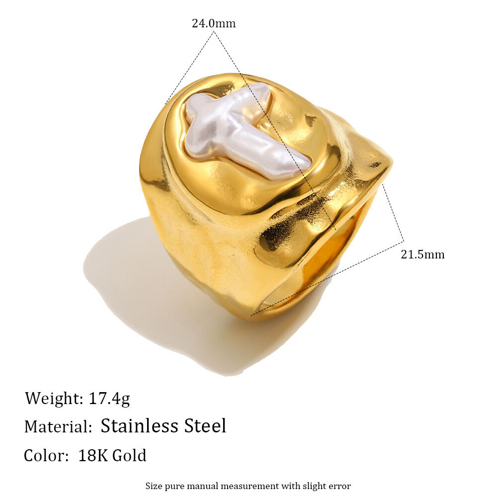 Classic Retro Cross Pearl Stainless Steel Waterproof Gold Color Signet Rings h5Picture2