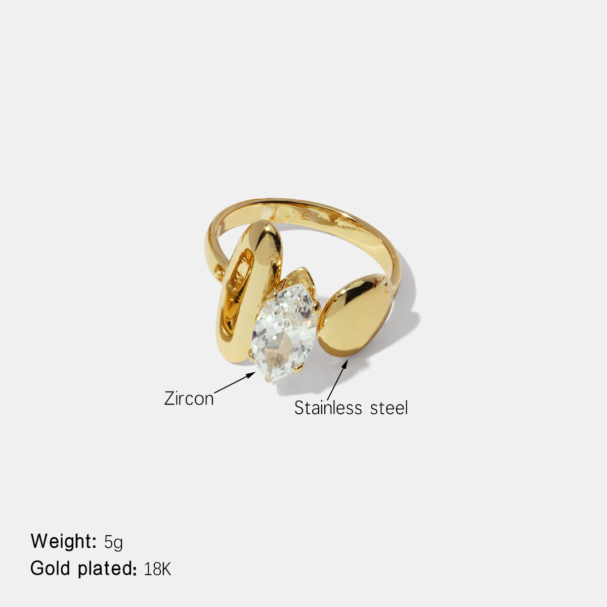 Irregular Shape Stainless Steel Waterproof Gold Color Zircon Gemstone Ring